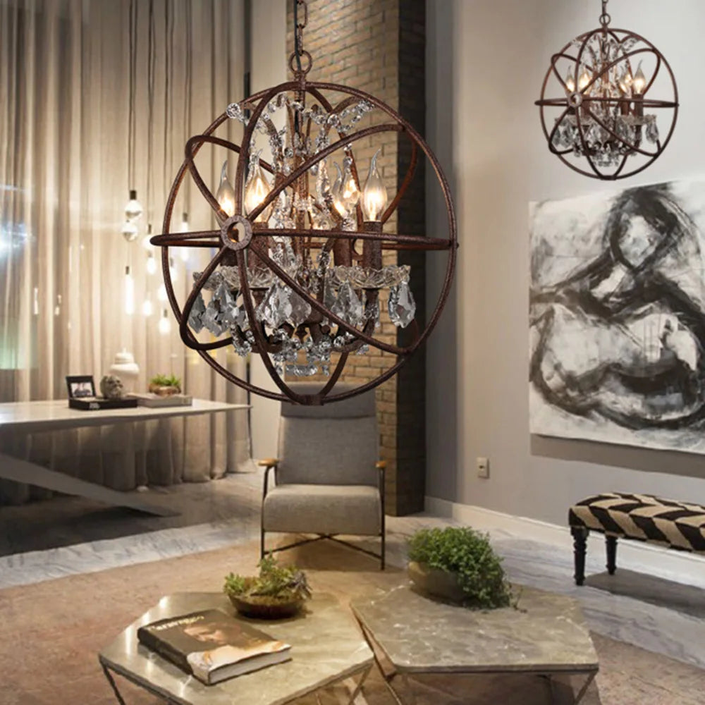 NEW Arrivals American Style Art Decoration Rural Crystal Chandelier Villa Retro Round Crystal Pendant Lamp Bar Counter Restaurant Living Room Crystal Hanging Lights 3 Years Warranty
