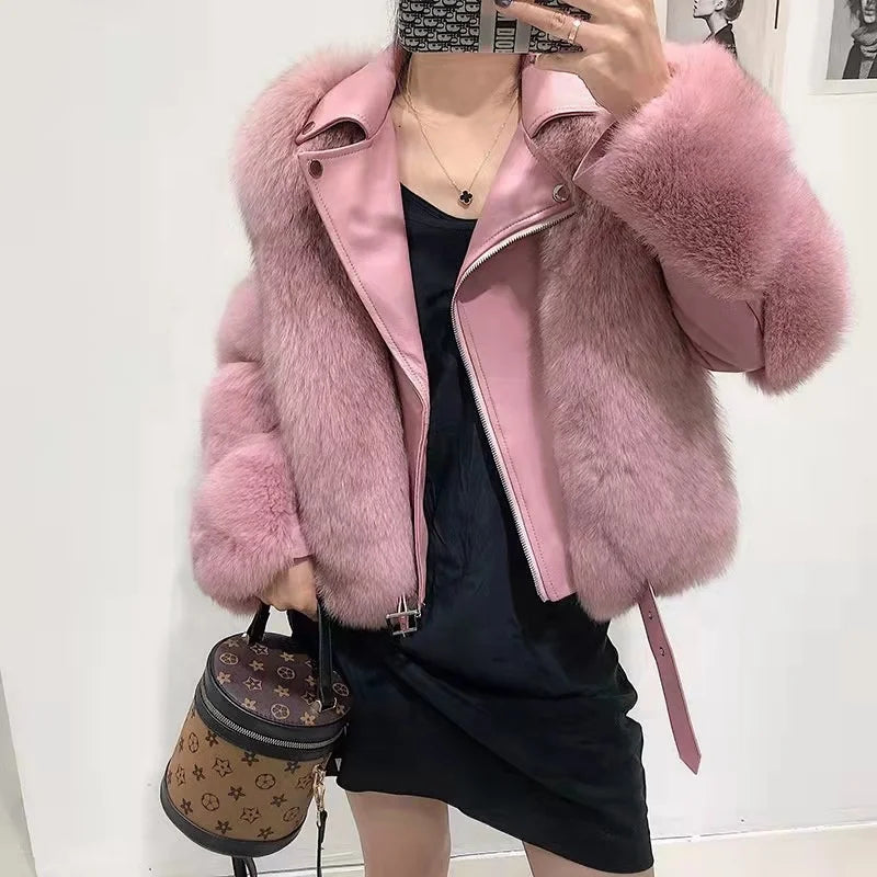 5 Colors Women High Level  Real Fox Fur Coat Sheepskin Leather  New Fashion  Winter Natural Evening Party Luxury Formal Clothes Women Outerwear Short Jackets