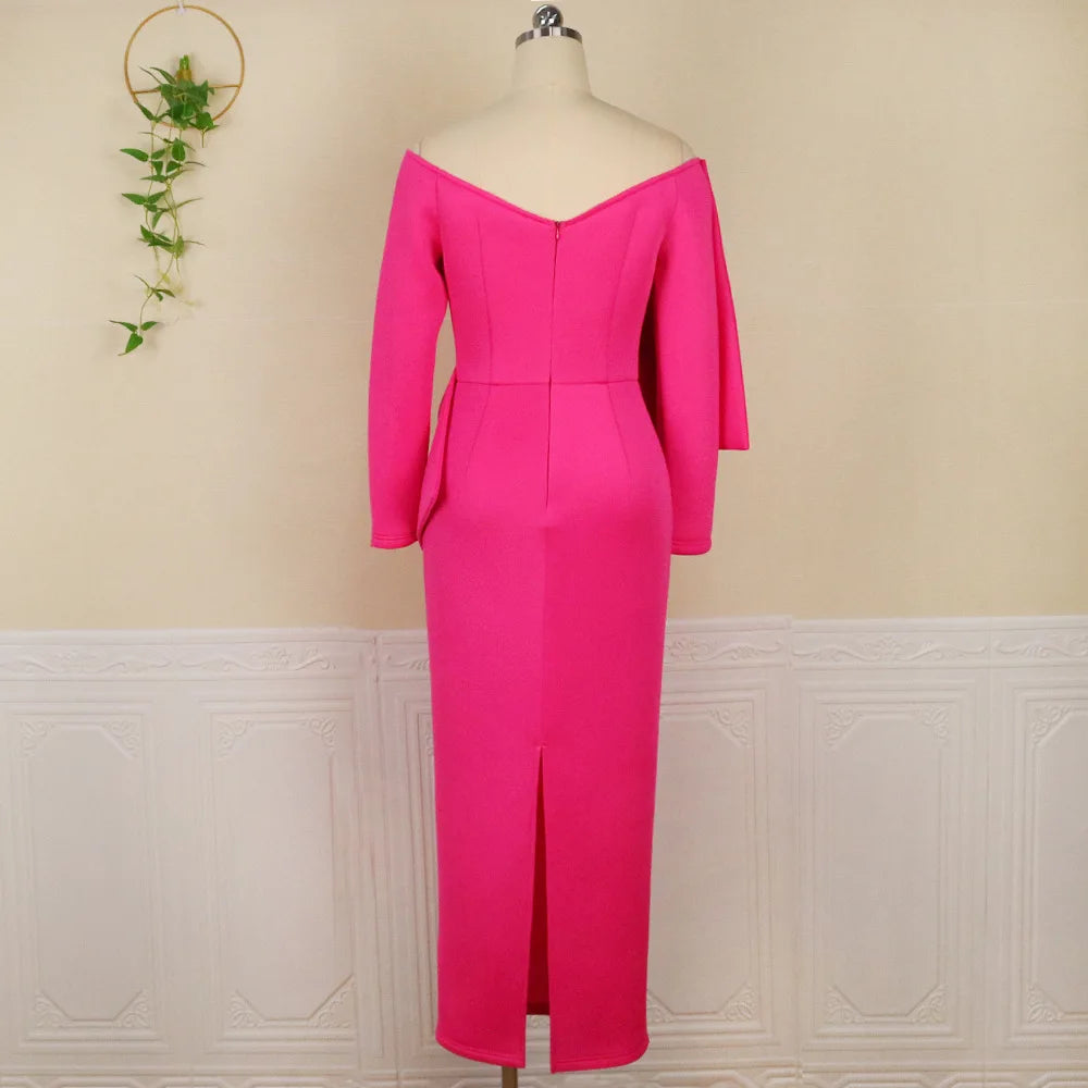 Boutique Gala Hot Selling S-3XL Plus Size Elegant Rose Big Bowtie Off Shoulder Deep V-Neck Wedding Guest Night Prom Party Dresses Women Long Gown Evening Dresses Ladies Apparel Supplies