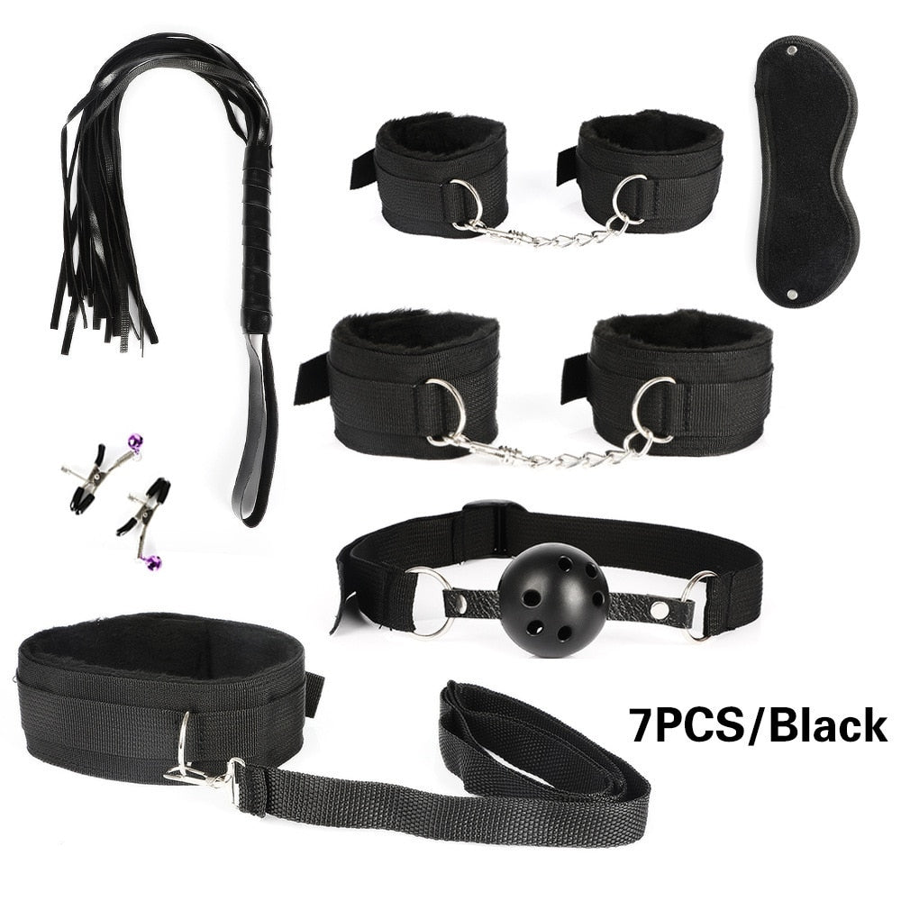 Adult leather plush bondage bundle set, gag, whip, butt plug, sex toys for women, nipple clips, erotic toys