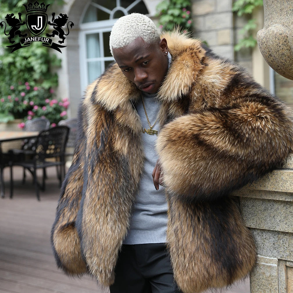 Boutique Gala HOT SALE (Few Units Left) NEW Arrivals Men's Luxury 100% Real Raccoon Fur Jacket with Turndown Collar Wildness Raccoon Fur Coat Christmas Gift for Husband Lover Boyfriend  Outerwear Jacket Gentleman Winter Appar