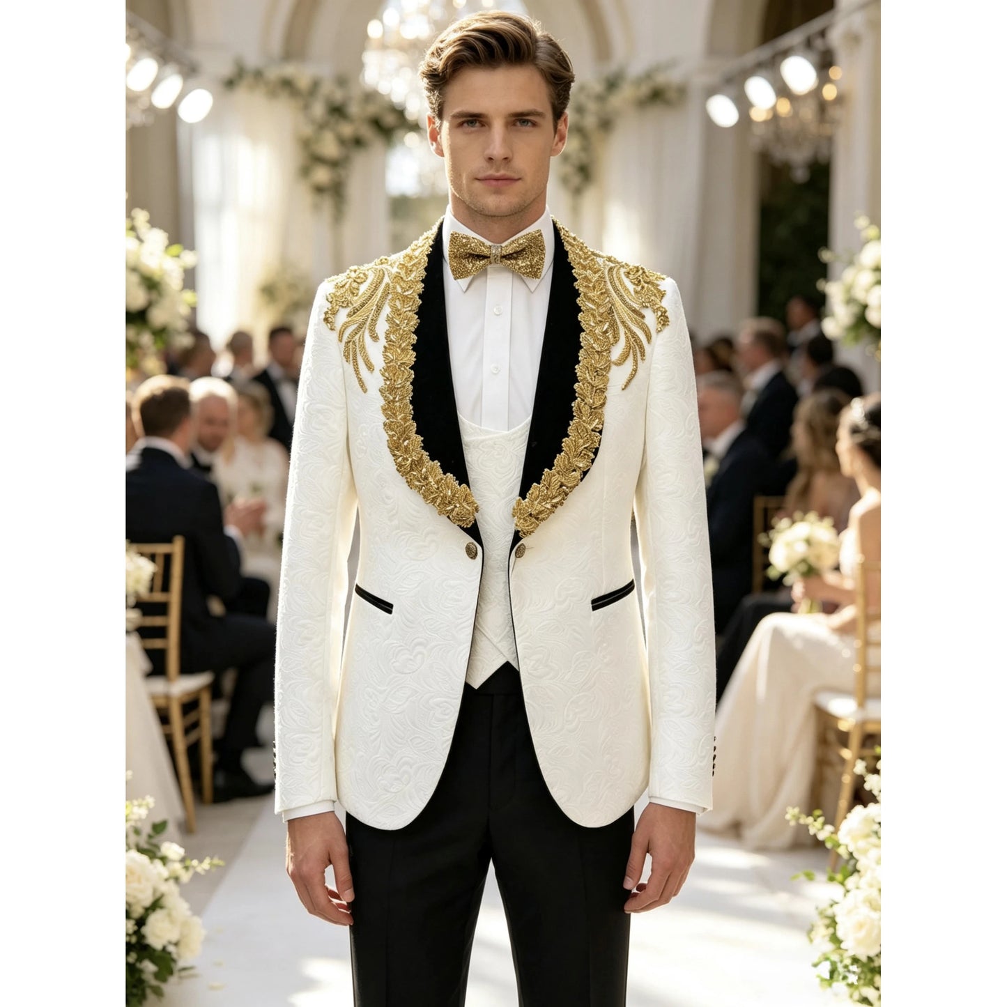 Boutique Gala HOT SALE Handmade White Italian Single Breasted Pleated Groom Tuxedo Gold Beading Slim Fit Breathable Men's Wedding Suit Cs-3XL Plus Size Men's Luxury Apparel Supplies