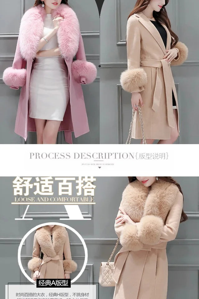 Woolen Coat Mid-length Korean Style New Winter Slim-fit Lace-up Large Woolen Collar Woolen Coat Detachable Woolen Collar