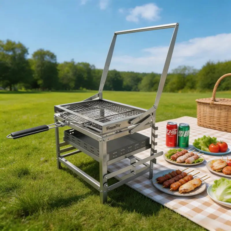 NEW Full Set Machine Portable Rotatable Outdoor Camping Garden Charcoal Grill Knob Control with Folding Leg 100 Percent Stainless Steel Flip Grill for Beach and Outdoor Smoking Cooking Supplies