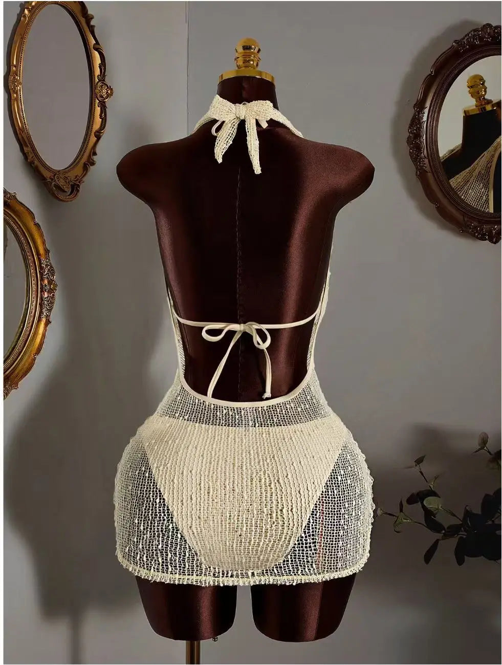 NEW Arrivals 3 PCS Set Beige/Black/White Color Luxury Silk Textured Women's Deep V-NECK Sheer Beach Dress Triangle Top Bikini See Through Cover Up Mini Dress Ladies Bathing Summer Apparel Supplies