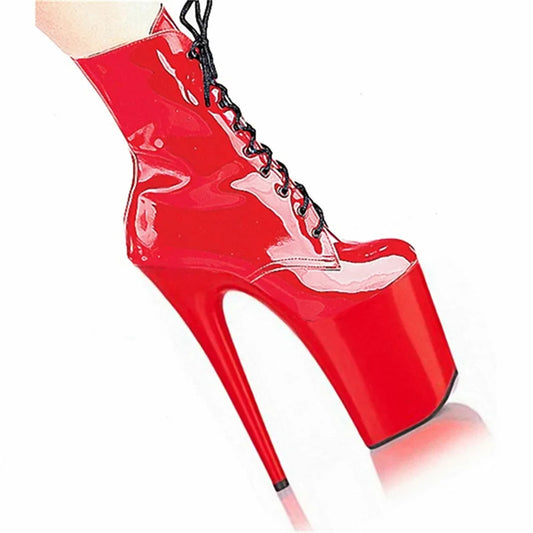 Black/White/Pink/Red Color Women's Platform Lace-Up ZIP Closure Ankle Bootie Boots 8inch-20CM Thin Heel Waterproof PU Leather Upper  Red Height Increasing Night Clubwear Pole Dance Women Shoes