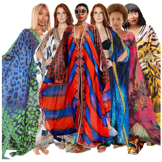American African European Free Size  70's Hippies Street Hipster Coats for Ladies Vintage V-Neck Casual Chiffon Maxi Dress Ladies Long Coat for Women Summer Spring Clothing