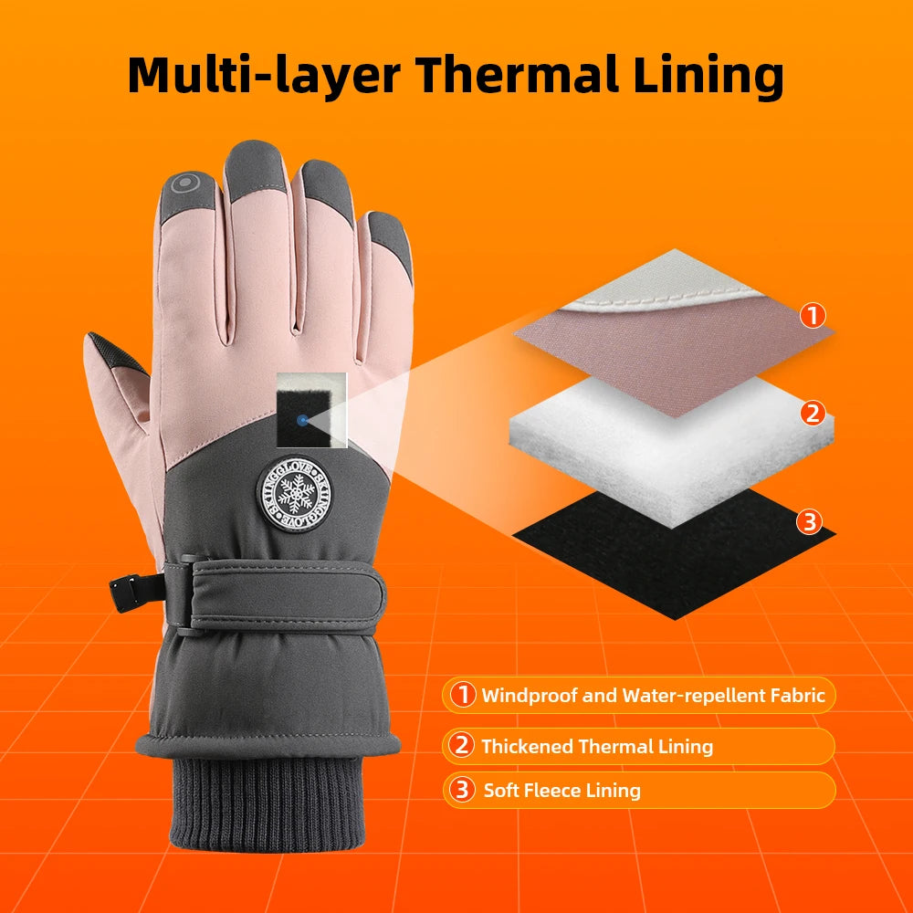Purple/Black/Dark Gray Color Women Professional Ski Gloves Waterproof Windproof Thick Fleece Lined Touch Screen PU Anti Slip Mountaineering Skiing Durable Warm Design