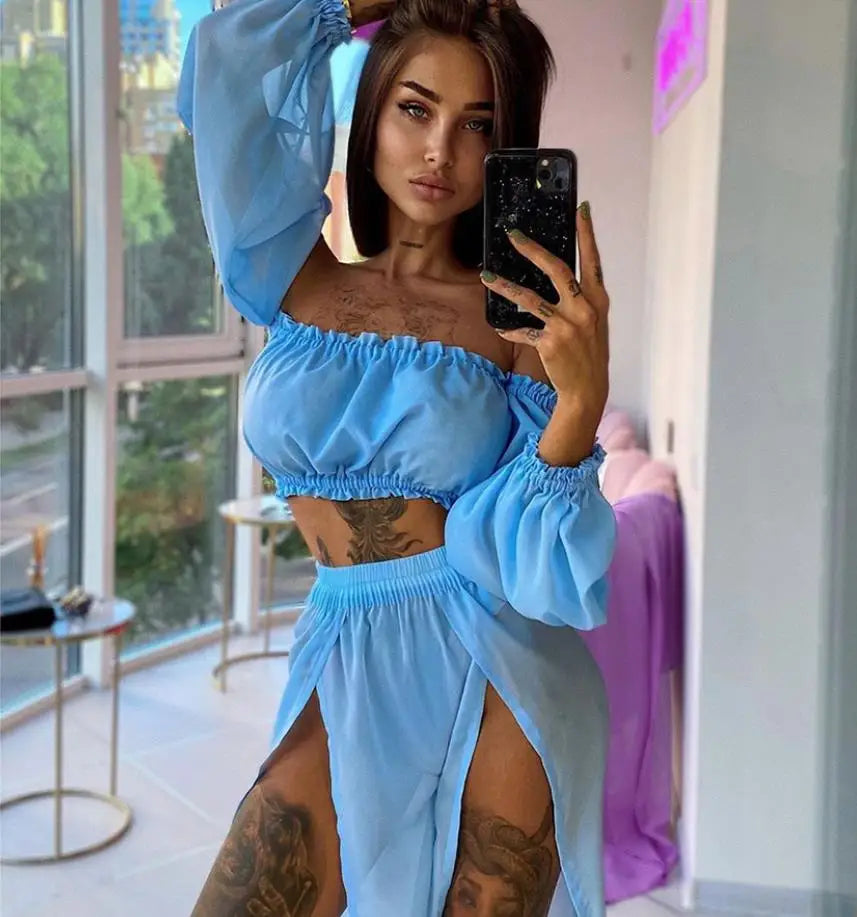 NEW Arrivals 2PCS Set  8 Colors Women Beach Bikini Cover-Ups Swimsuit Off Shoulder Top+ High Waist Dress Sexy Ladies Swimming Cover Up Bathing Suit