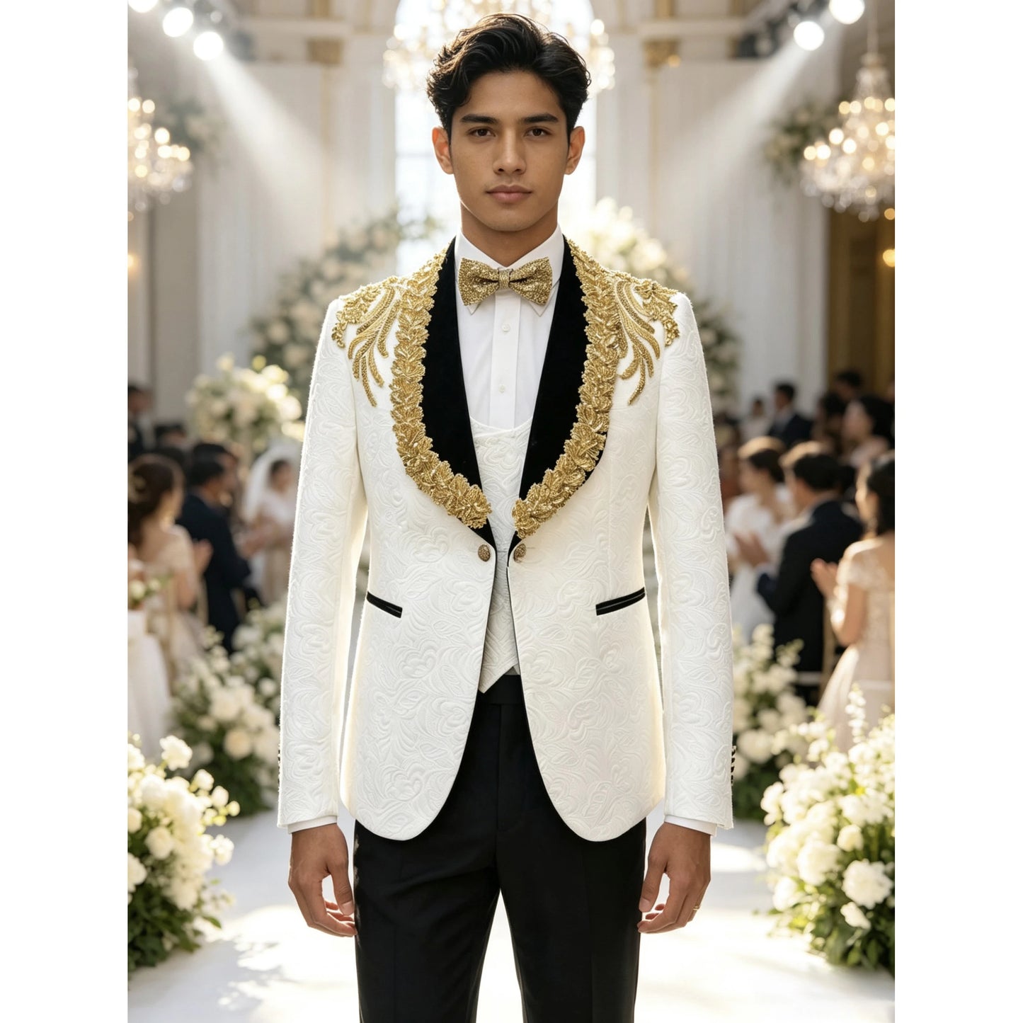 Boutique Gala HOT SALE Handmade White Italian Single Breasted Pleated Groom Tuxedo Gold Beading Slim Fit Breathable Men's Wedding Suit Cs-3XL Plus Size Men's Luxury Apparel Supplies