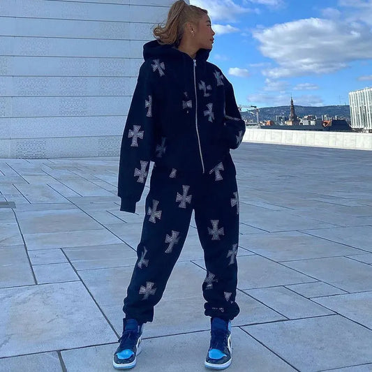 Hip Hop Rhinestone Sweatpants Suit Y2k Long Sleeve Zip Up Hoodies Punk Gothic Joggers Sweatshirts Suits Sport Jacket Streetwear