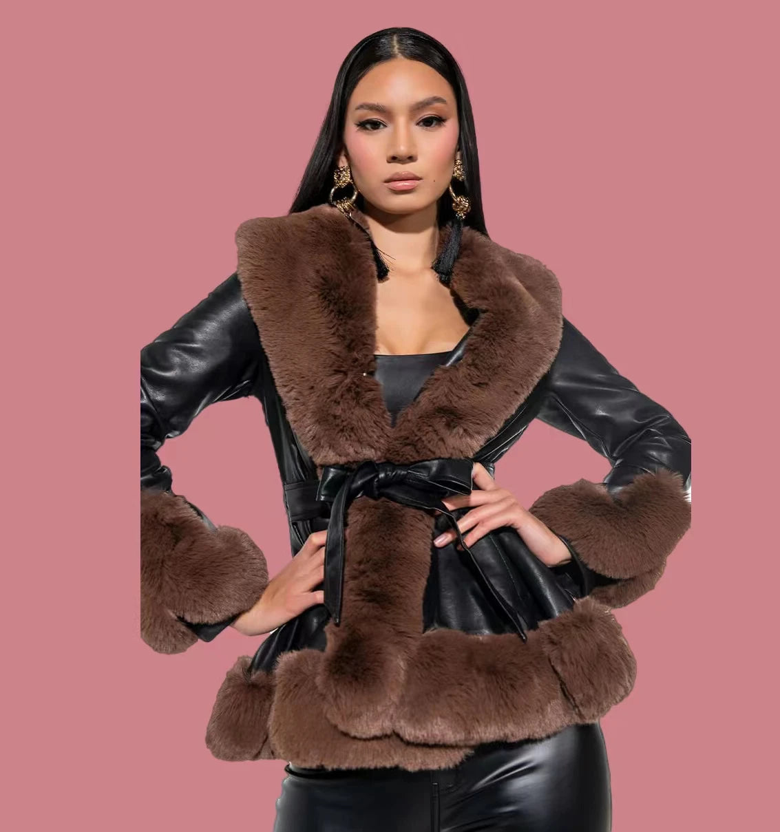 S-4XL Plus Size Brown/Black Color Women's Elegant Waterproof Soft Faux Fur Trimmed Leather Trench Coat Fox Fur Collar Double Breasted Button Detail Autumn/Winter Outerwear Jacket.