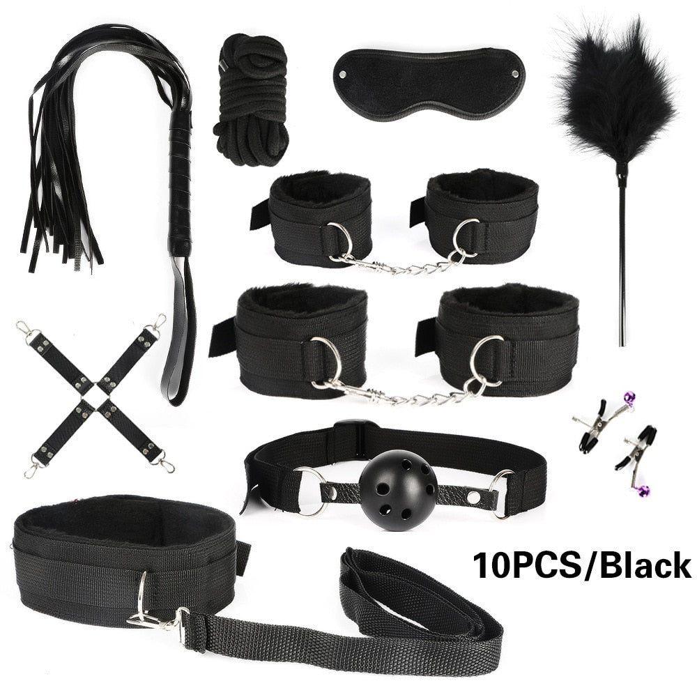 Adult leather plush bondage bundle set, gag, whip, butt plug, sex toys for women, nipple clips, erotic toys