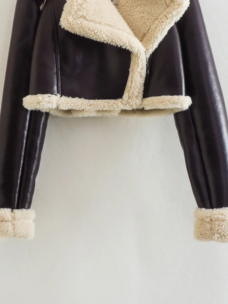 Women's New Fashion Faux Fur One Thickened Deep Warm Brown Double Sided Short PU Leather Jacket Short Coat Girls Autumn Winter Clothing Supplies