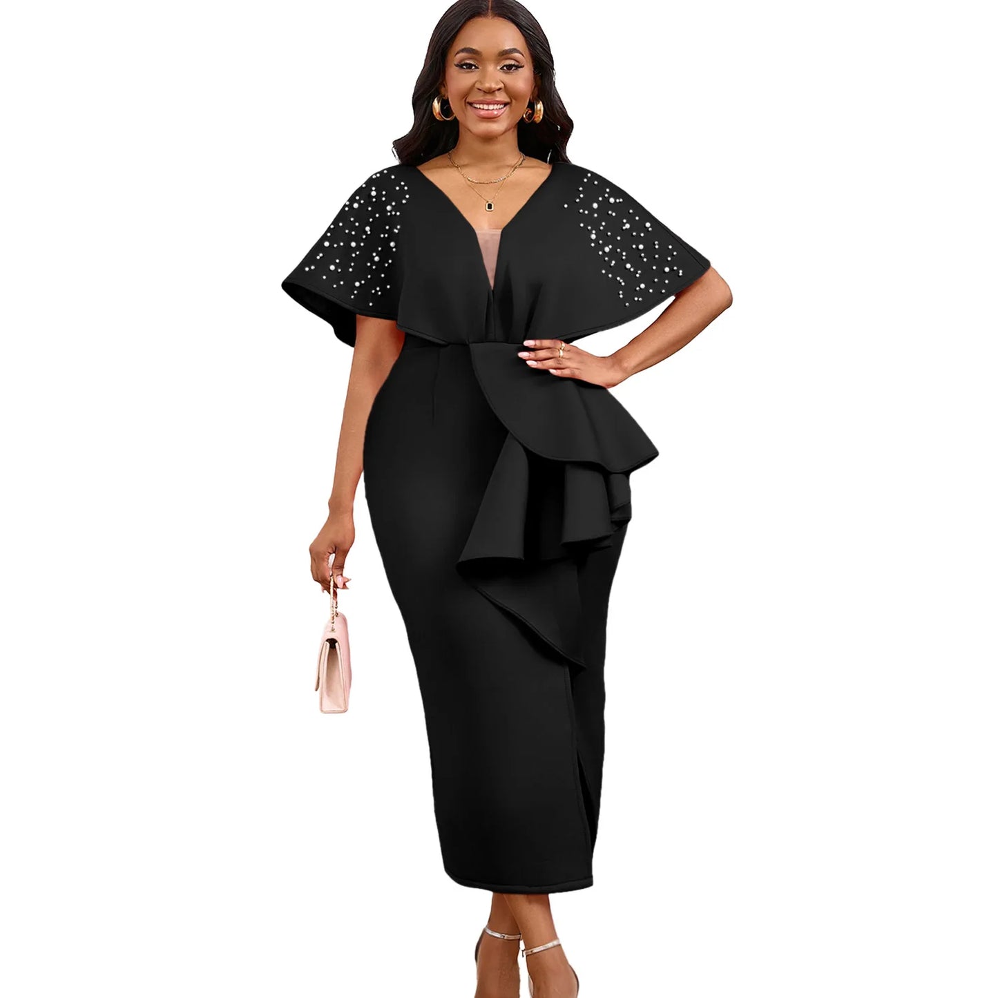 S-3XL Plus Size Women's Latest Design Spring Autumn Summer Sexy Fashion Evening Party Dress Women Sexy V-Neck Ruffle Split Beaded Elegant Evening Dresses Ladies Clothing Supplies