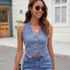 Black/Blue Color Women's Sexy High Quality Sleeveless Button-Up Cropped Washed Knitted Denim Fabric Casual Outerwear Women's Vest Spring Summer Jean Tops Streetwear Casual Clothing Supplies