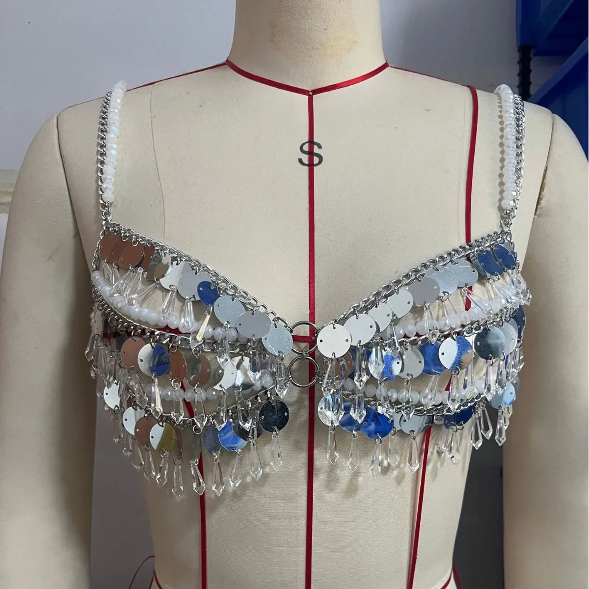 NEW Arrivals Multilayer Metal Sequins Tassel Harness Necklace Bra Chain Women Jewelry Metal Alloy  Sequin Body Chains Night Clubwear Evening Party Luxury Tank Tops