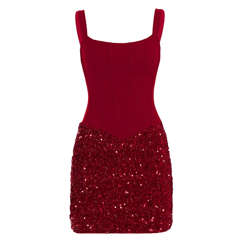 Women's Red Sequin A-Line Sexy Mini Dress Sleeveless Square Neck SKINNY Fit Sexy Backless High Waist Breathable Anti-Wrinkle Evening Party Night Clubwear Ladies Clothing Supplies