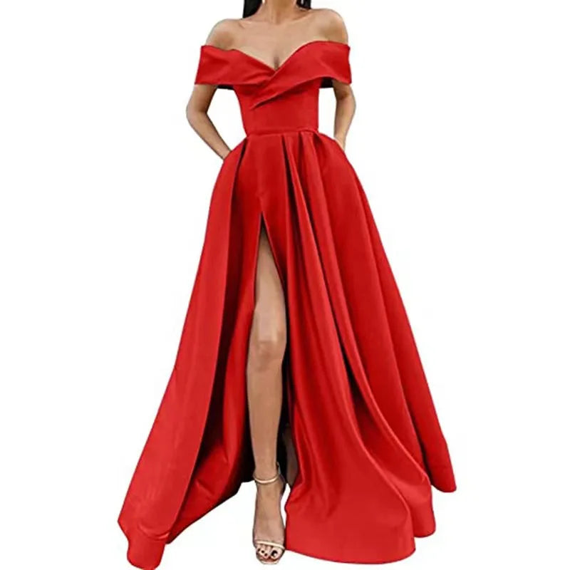 5 Colors Women Sexy V-Neck Evening Party Night Clubwear Long Maxi Dress Solid Elegant Sleeveless High Slit Dress Lady Fashion Off Shoulder Pleated Gown Ladies Sexy Apparel Supplies