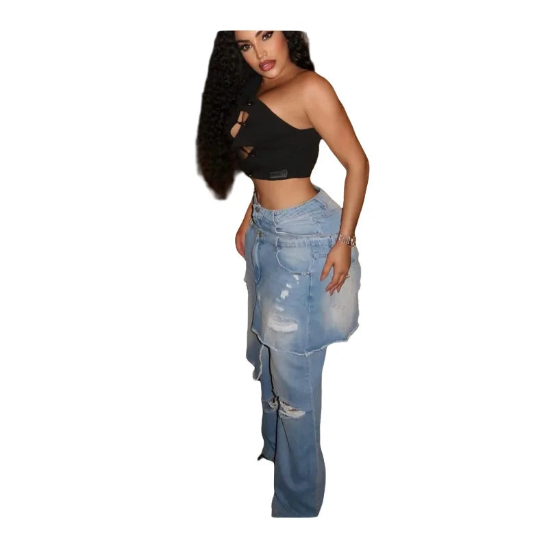 TikTok Most Popular S-2XL New Casual Straight-Leg Jeans Stretch Denim Fabric Fashionable Ripped Style Popular Europe America for Autumn Spring Summer Streetwear Female Casual Clothing Supplies