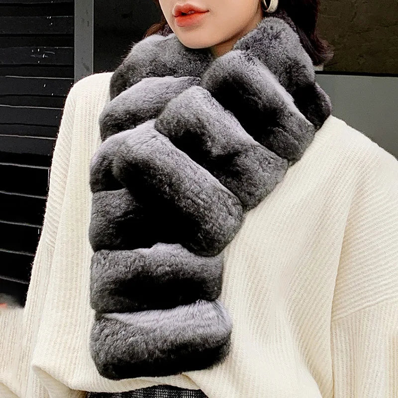 NEW Fashion Women's Winter Warm Natural Rex Rabbit Real Chinchilla Fur Short Scarf Chinchilla Ladies Luxury Apparel Accessories
