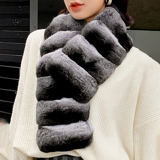 NEW Fashion Women's Winter Warm Natural Rex Rabbit Real Chinchilla Fur Short Scarf Chinchilla Ladies Luxury Apparel Accessories