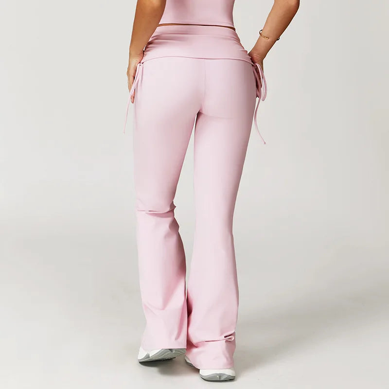 5 Colors S-XL Cross-Border Foldable High-Waisted Tummy Control Ruched Butt-Lifting Flared Pants Nude-Feel Wide-Leg Slimming Long Drawstring Outdoor Sport Activities Pants