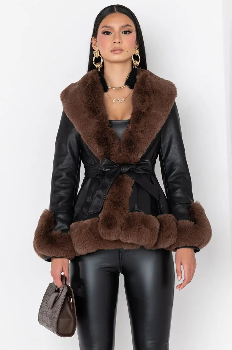 S-4XL Plus Size Brown/Black Color Women's Elegant Waterproof Soft Faux Fur Trimmed Leather Trench Coat Fox Fur Collar Double Breasted Button Detail Autumn/Winter Outerwear Jacket.