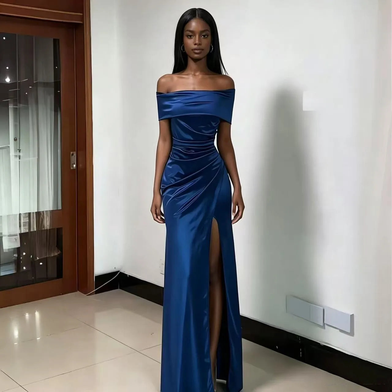 S-2XL Satin Luxury Trendy Gowns for Women Evening Dresses Wedding Guest Bridesmaid  Night Clubwear Prom Elegant One Shoulder Short Sleeve Slit Satin Mermaid Gowns Ladies Luxury Apparel Supplies