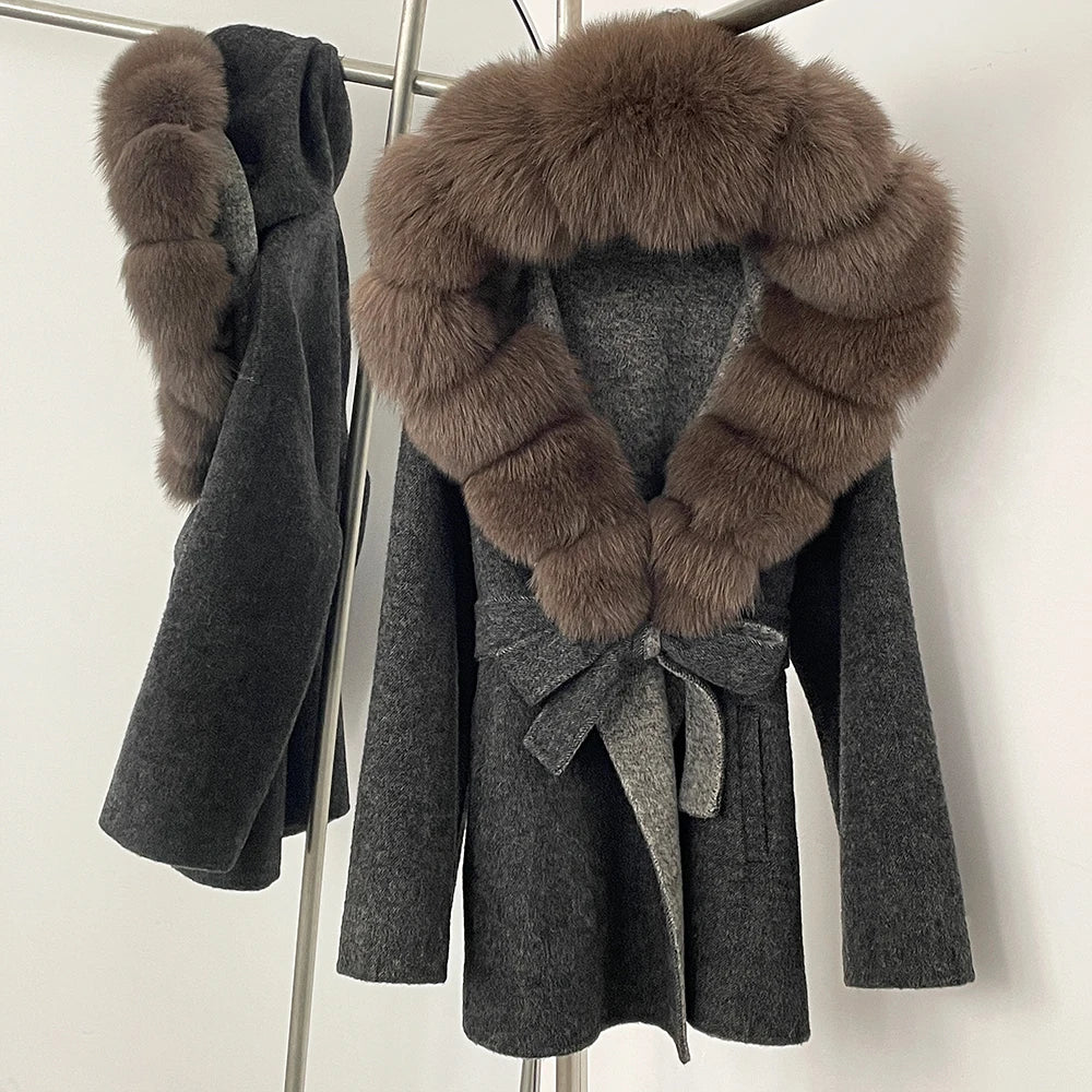 12 Colors Small Medium Size  New Winter Cashmere Wool Blends Women Natural Fox Fur Collar Hooded Slim Fit Suit Double Sided Woolen Trench Coat Women Winter Apparel Supplies