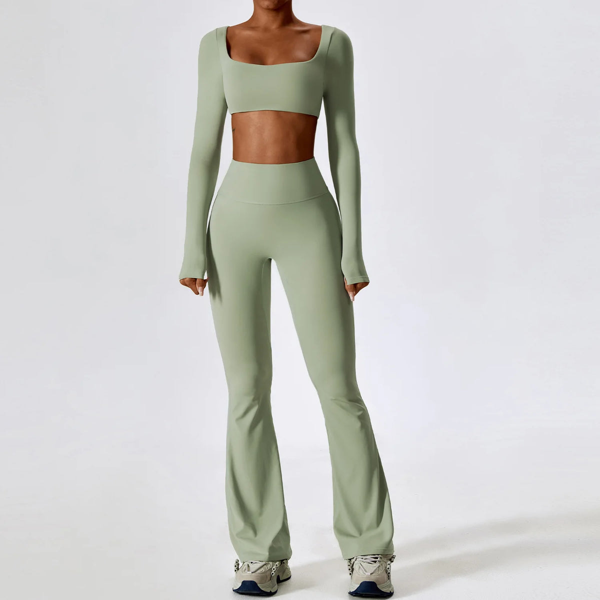 2-Piece Yoga Set Women Long Sleeve Square Neck Crop Top & High Waist Flare Pants Set Scrunch Butt Gym Fitness Activewear