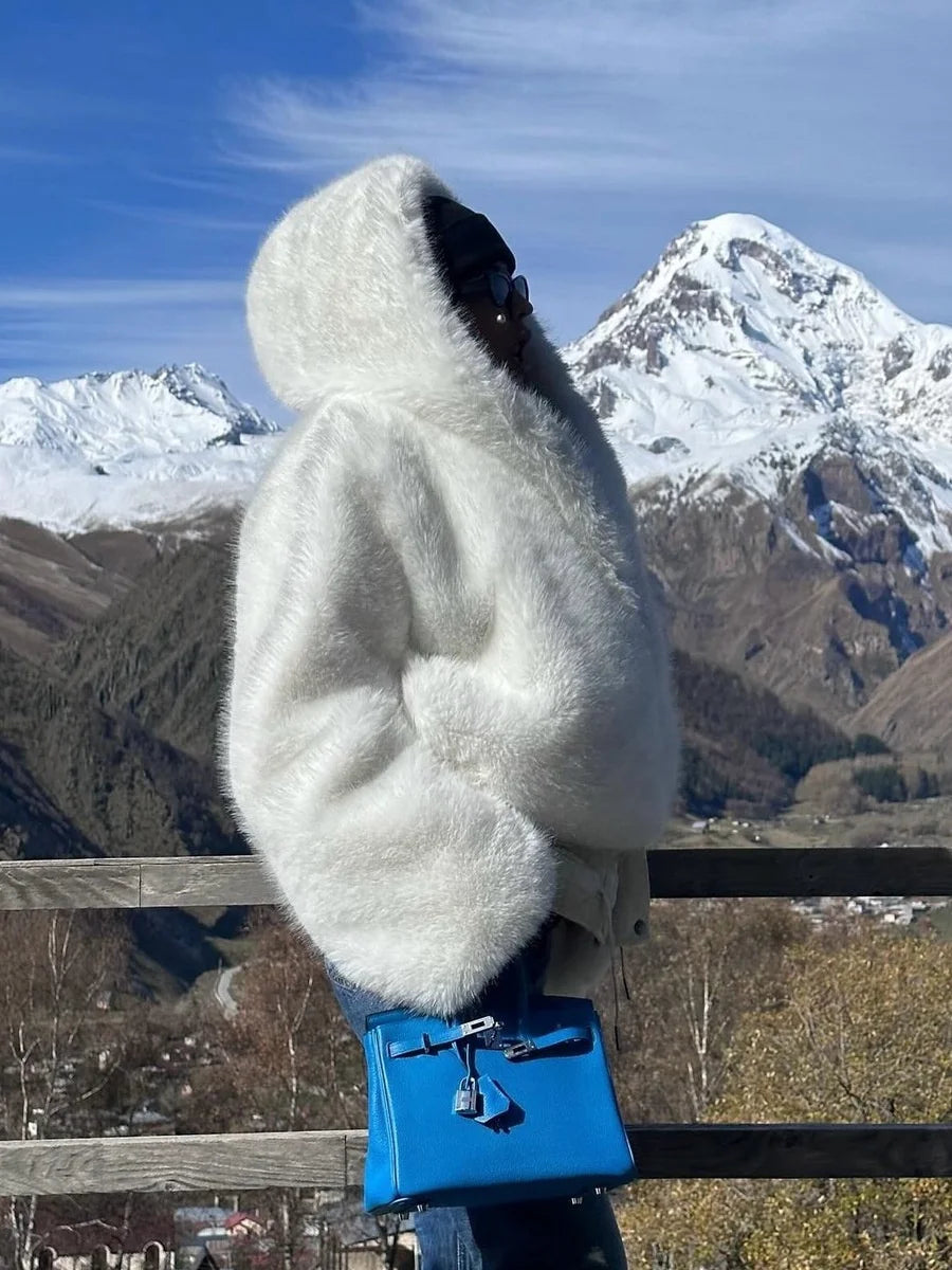 S-4XL Plus Size 5 Colors  Pure White Faux Fox Fur Coat Women Regular Oversized Big Hood Fluffy Plush Thick Warm Eco-Friendly Breathable Winter Outerwear Jackets Women Winter Apparel Supplies