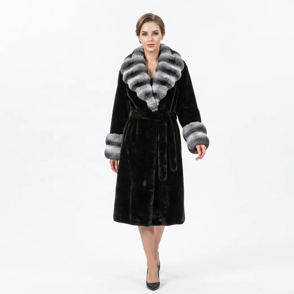 Black/Beige Color Women's Loose Long Eco-Friendly Top Quality Artificial Fur Coat Turn-Down Collar Warm Fluffy Windproof Winter Outerwear Trench Jackets Ladies Winter Clothing Supplies