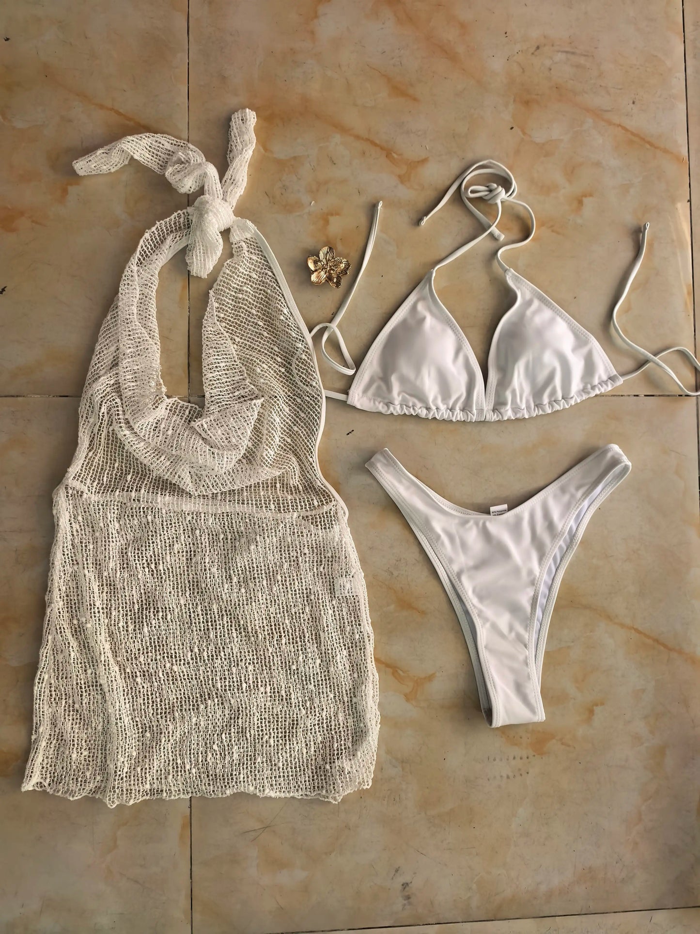 NEW Arrivals 3 PCS Set Beige/Black/White Color Luxury Silk Textured Women's Deep V-NECK Sheer Beach Dress Triangle Top Bikini See Through Cover Up Mini Dress Ladies Bathing Summer Apparel Supplies