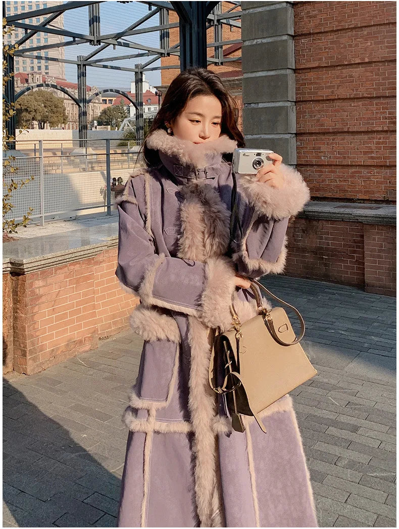 HOT SALE Dark Gray/Purple Color Winter New Women's Top Quality Windbreaker Long Coat  Faux Fur Lined Lamb Wool Puffer Jacket Outerwear Coat Women Winter Clothing Supplies