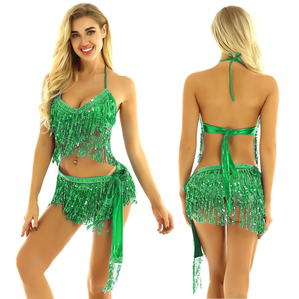NEW Arrivals 9 Colors Women Shiny Sequins Tassels Carnival Rave Performance Belly Dance Costume Halter Bra Tops with Hip Scarf Wrap Skirt Set Ballroom Competition Dancing Dresses