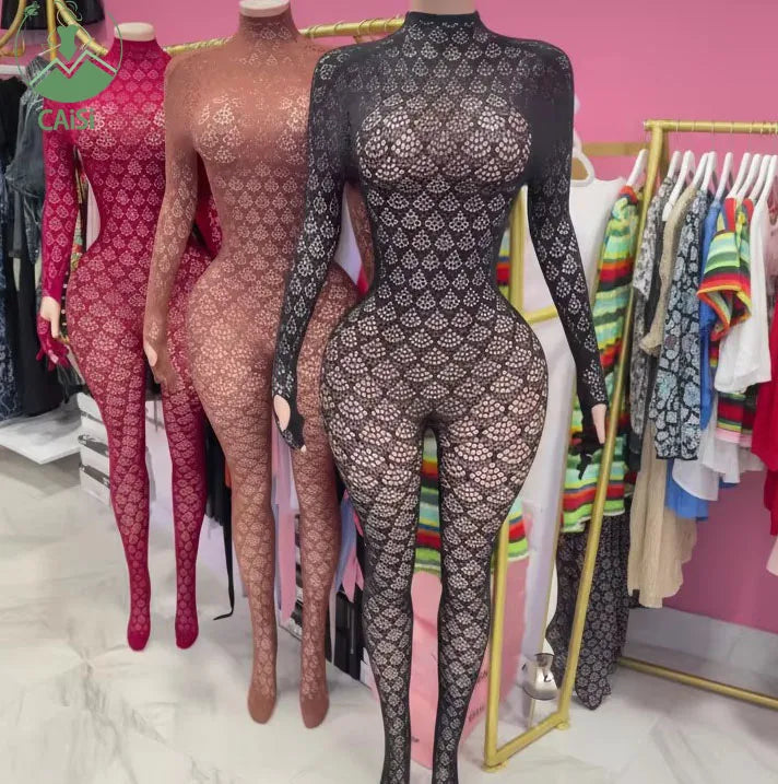 3 Colors Sexy Fashion Women's Hot Clothing Boutique Gala See Through Jumpsuits Sexy Night Club Evening Beach Party Wear Long Sleeve Backless One Piece Jumpsuit Ladies Sexy Apparel Supplies.