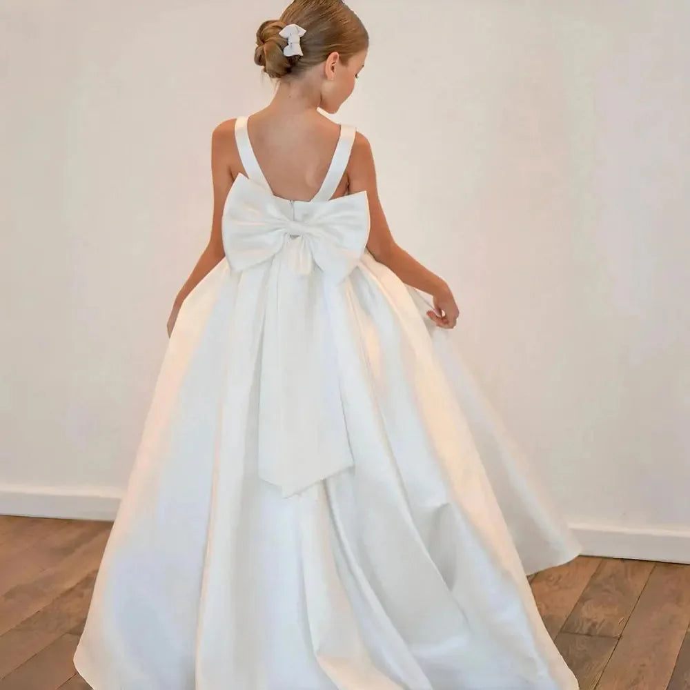 2/13 Years Old White/Pink Color Girls Bridesmaid  Satin Luxury Dress for Girls' Pageant, Wedding Evening Prom Party Birthdays Flower Girl Dress Princess Piano Performance Dress Formal Gowns