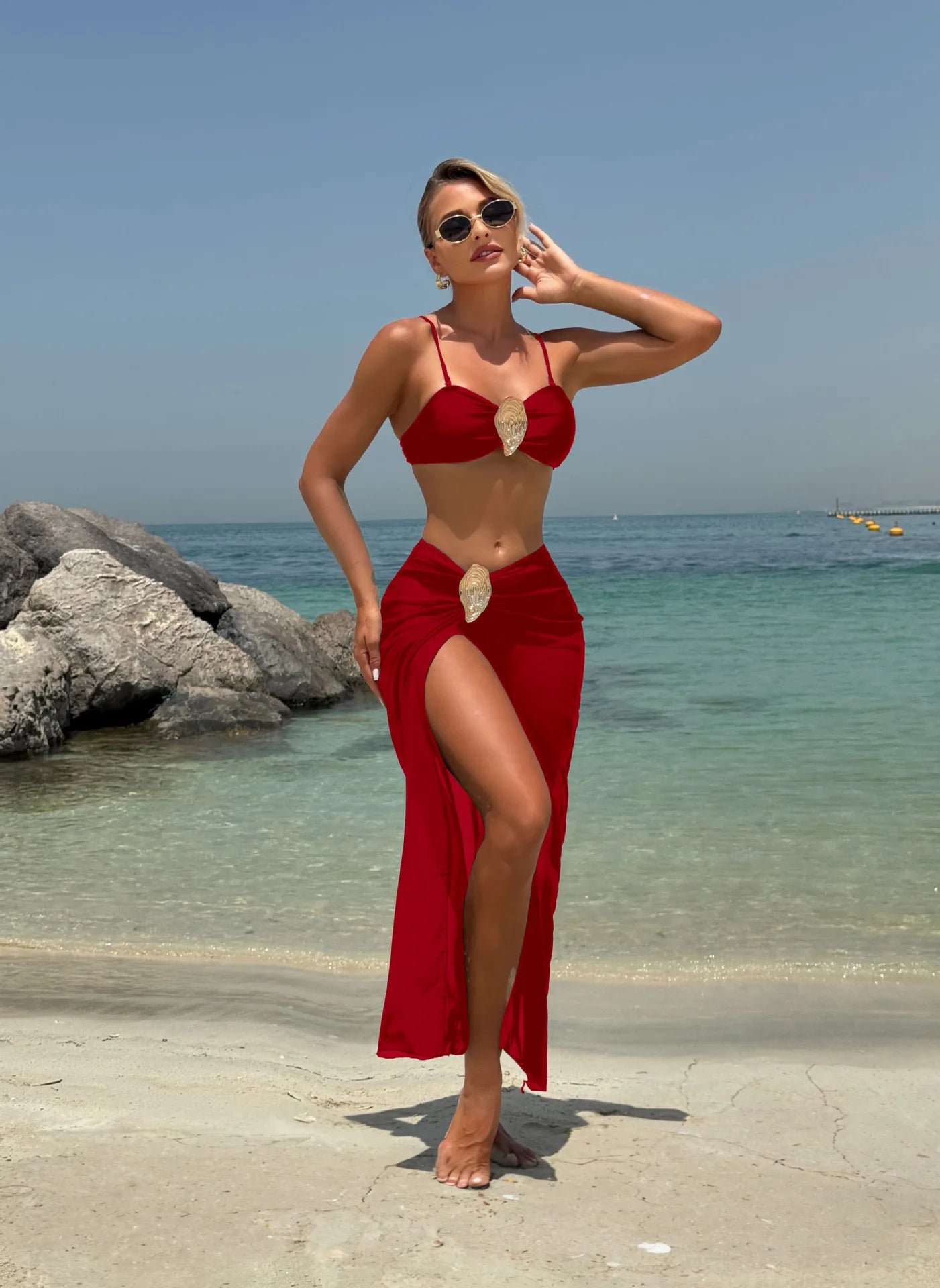 NEW Arrivals 3 PCS Set Black/White/Brown/Red Color Bandeau Top Women Swimwear Brazilian Bikini and See Through Skirt Cover Up S-L Size Summer Vacation Beachwear Swimming Pool Ladies Bathing Apparel Supplies