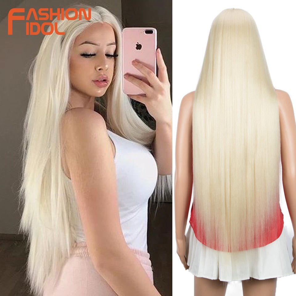 FASHION IDOL Cosplay Wigs For Women Long Straight Hair Synthetic Wig 38 Inch Ombre Blonde BIO Hair Lace Wig