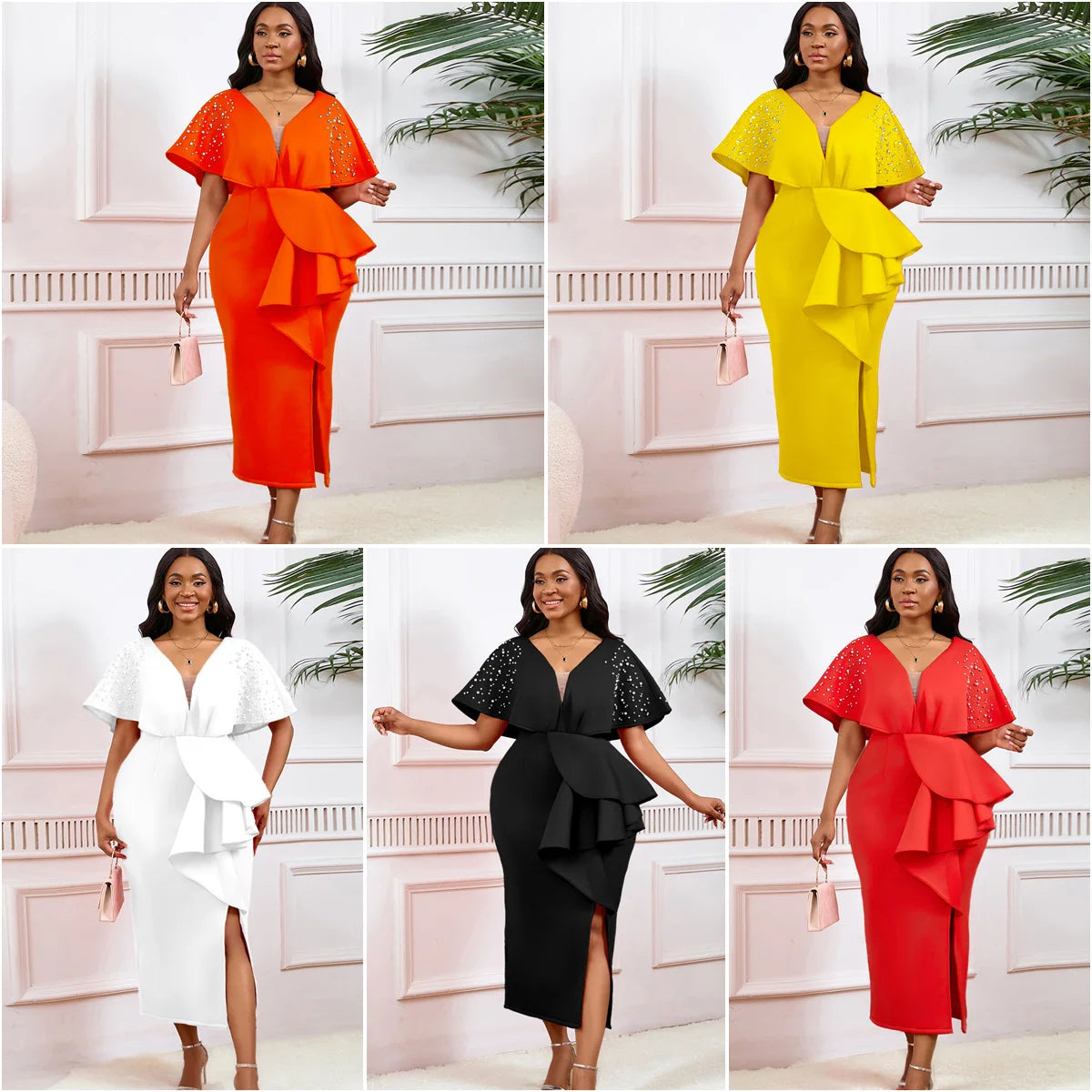 S-3XL Plus Size Women's Latest Design Spring Autumn Summer Sexy Fashion Evening Party Dress Women Sexy V-Neck Ruffle Split Beaded Elegant Evening Dresses Ladies Clothing Supplies