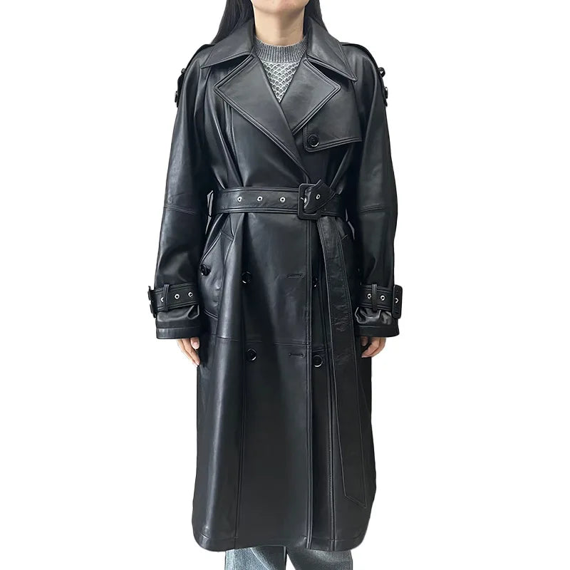 Boutique Gala HOT SALE Dark Brown/White/Black Color Winter Luxury Long Women Genuine Sheep Leather Jacket Women Trench Coat Office Lady Business Evening Party Outerwear Coats Ladies Luxury Apparel Supplies