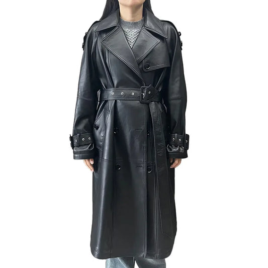 Boutique Gala HOT SALE Dark Brown/White/Black Color Winter Luxury Long Women Genuine Sheep Leather Jacket Women Trench Coat Office Lady Business Evening Party Outerwear Coats Ladies Luxury Apparel Supplies