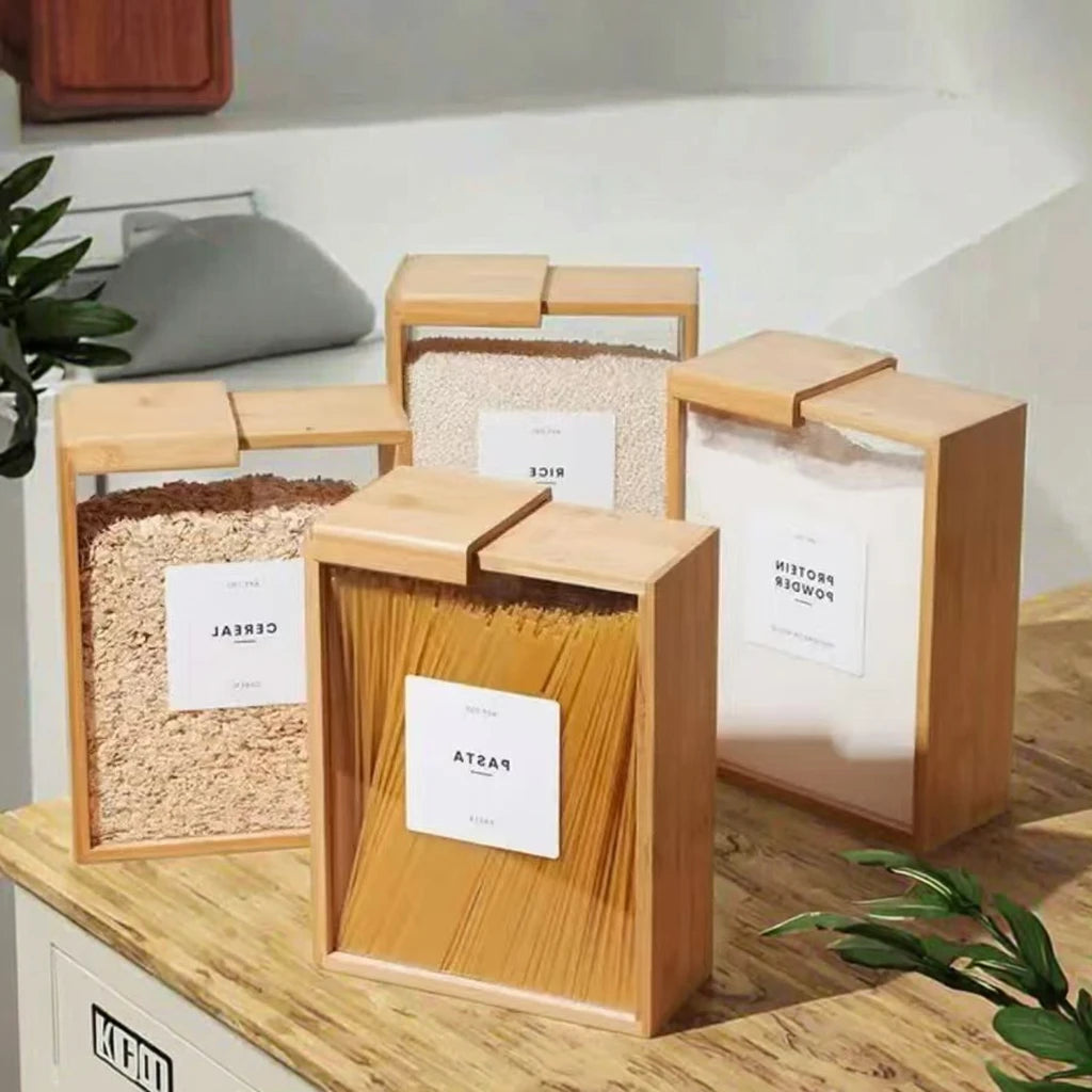 NEW Modern Design Bamboo Wood Rectangular Kitchen 3L Food Dispenser with Lid Used for Storing Grains Rice Flour Snacks and Candies Kitchenware Accessories Preparing Cooking Tools