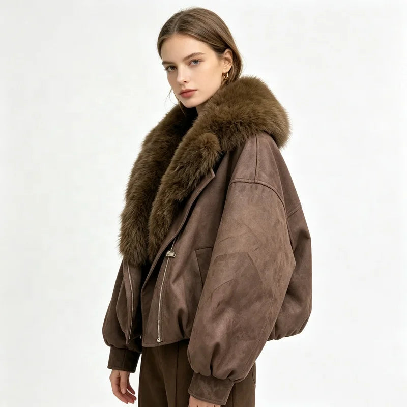 NEW Arrivals 4 Colors S-2XL Women's Autumn Winter Warm Brown Artificial Suede Biker Jacket Oversized Faux Fur Collar Asymmetric Zip Cropped Coat Women's Faux Fur Coats Winter Outerwear Coats