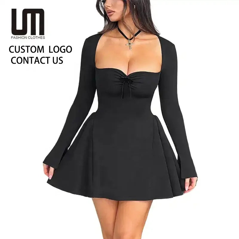 New Fashion 8 Colors Autumn Spring  Sexy Elegant Long Sleeves Evening Party Night Clubwear  Ruched Women Clothes Solid Mini Dresses
