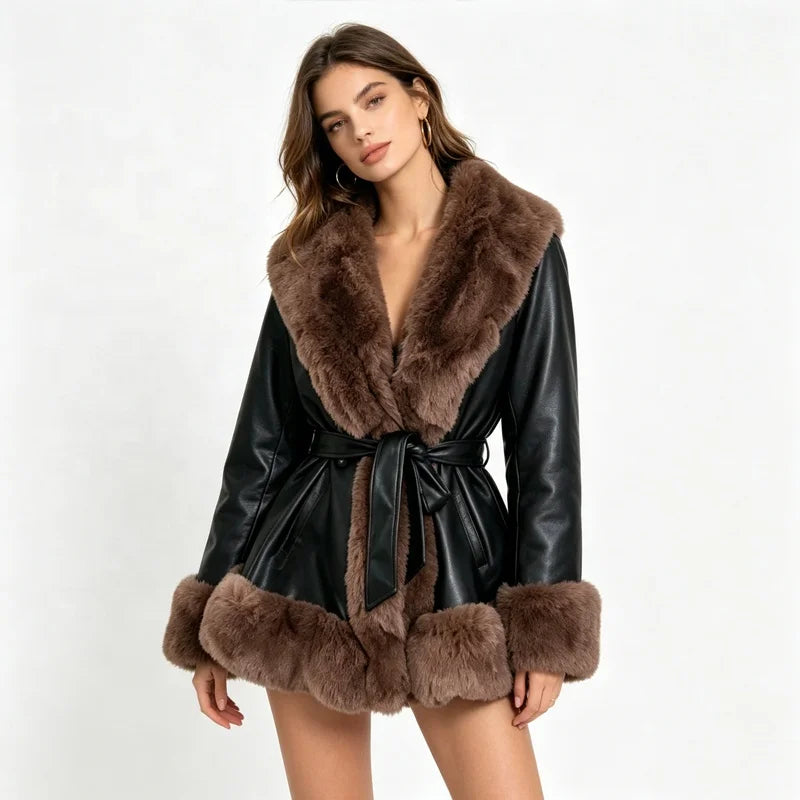 NEW Design 5 Colors UK (6-20) Large Size Women's Faux Fur Coat Collar/Cuffs Belted Waist Winter Warm Eco-Friendly Windproof Outerwear Plain Dyed Women Autumn Winter Clothing Supplies