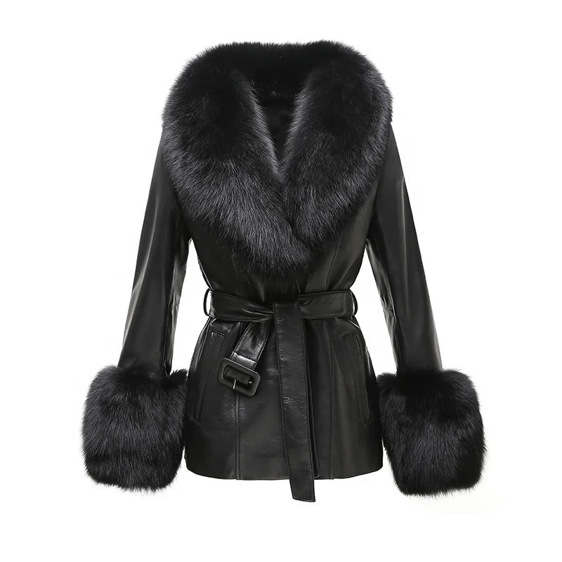 Boutique Gala HOT SALE ( Few Units Left) 8 Colors S-2XL Women's Top Quality Belted Black Real Sheepskin Leather Fur Coat Women Leather Jacket With Genuine Natural Fox Fur Collar Cuffs Ladies Winter Warm Outerwear Luxury Appar