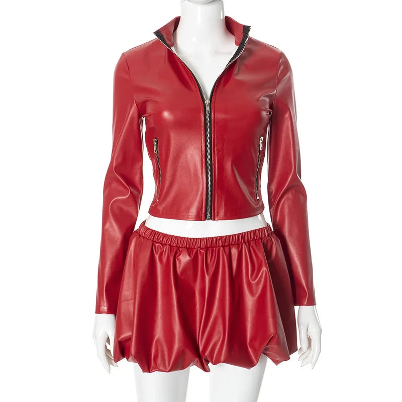 2 PCS Set New Autumn Spring Fashion Women's Long Sleeve Zipper Crop Jacket Mini Puffer Skirt PU Leather Women Sexy Short Skirt Evening Rave Party Night Clubwear Women Sexy Clothing Supplies