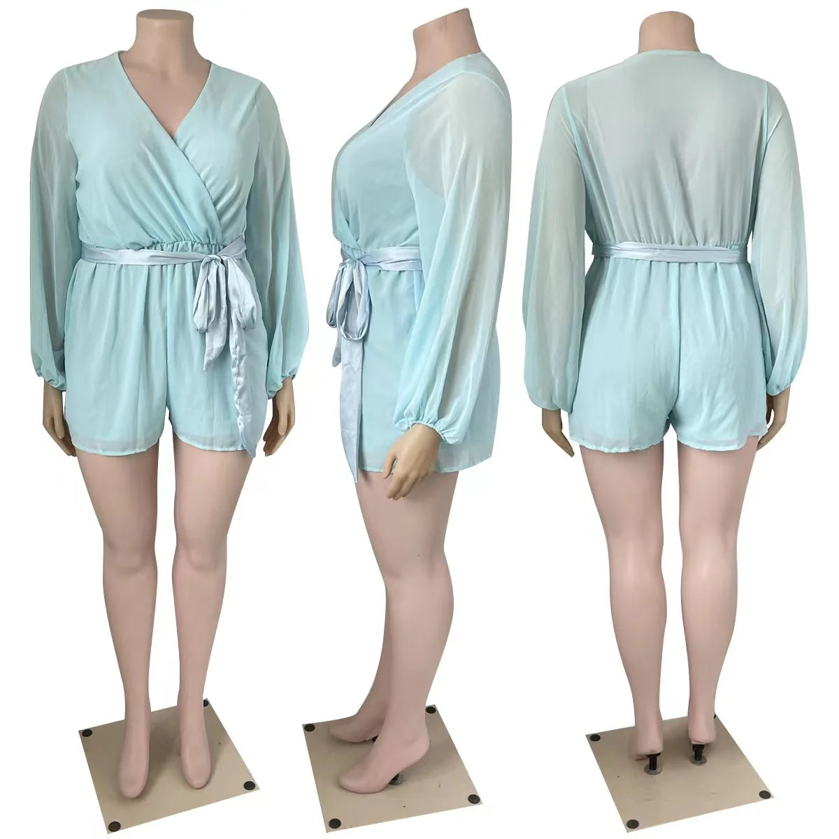 HEY BIG GIRLS... XL-5XL Plus Size Autumn Spring Curvy Women Breathable Casual Loose Fit Solid Color Chiffon Sexy Short Above Knee Romper with Belt Women Extra Large Clothing Supplies